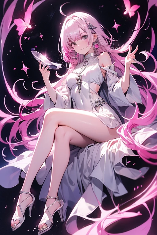 Pink Hair、Big Breastysterious、Elegant face、Beautiful eyes、Silver eyes、1 Beautiful Girl、The clothes are silver and metallic.、Beautiful feet、Nice body proportions