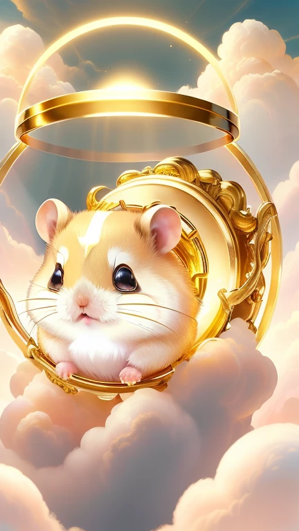 god々One cute hamster、Aura of Gold,looking at the camera、Look this way、Background gold、Floating in the clouds