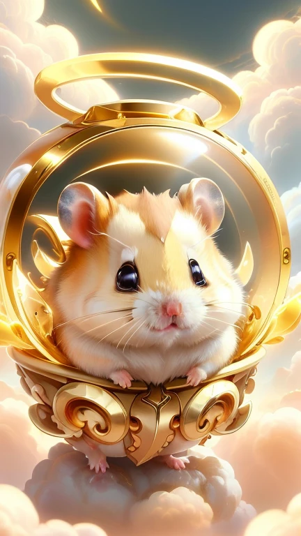 god々One cute hamster、Aura of Gold,looking at the camera、Look this way、Background gold、Floating in the clouds