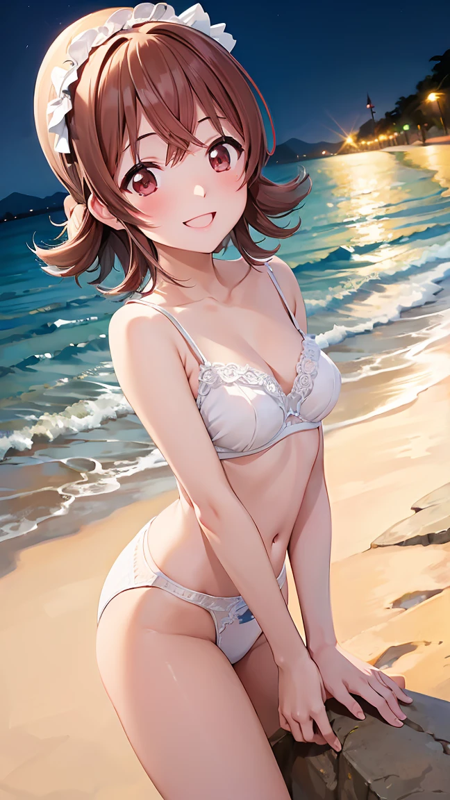 masterpiece, Highest quality, High resolution, Very detailed,(((Kaho Komiya))), (((White Lingerie))), (((smile))), Beach at night