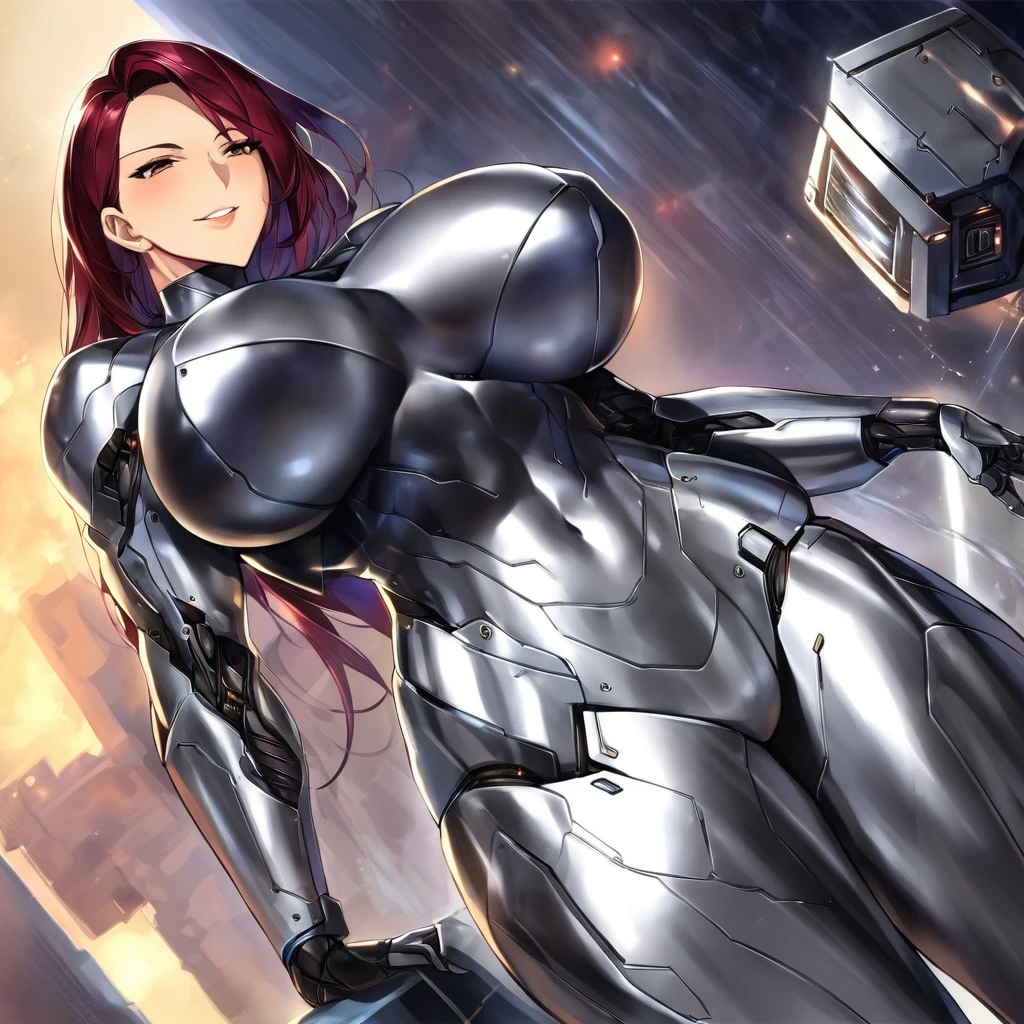 Adult female, robot, metal skin, seductive, sultry smile, looking down, big breasts, toned body, breeding hips, fully clothed