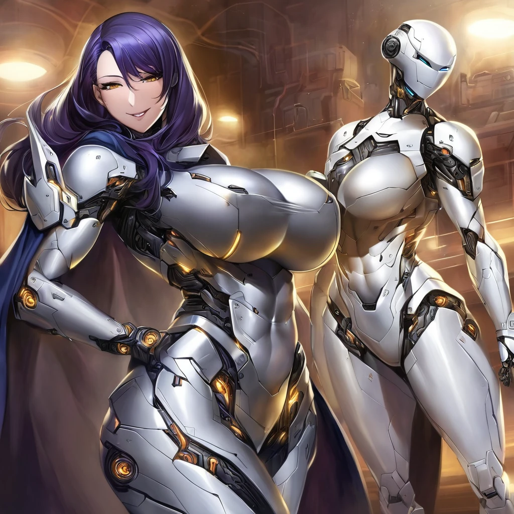 Adult female, robot, metal skin, seductive, sultry smile, looking down, big breasts, toned body, breeding hips, fully clothed