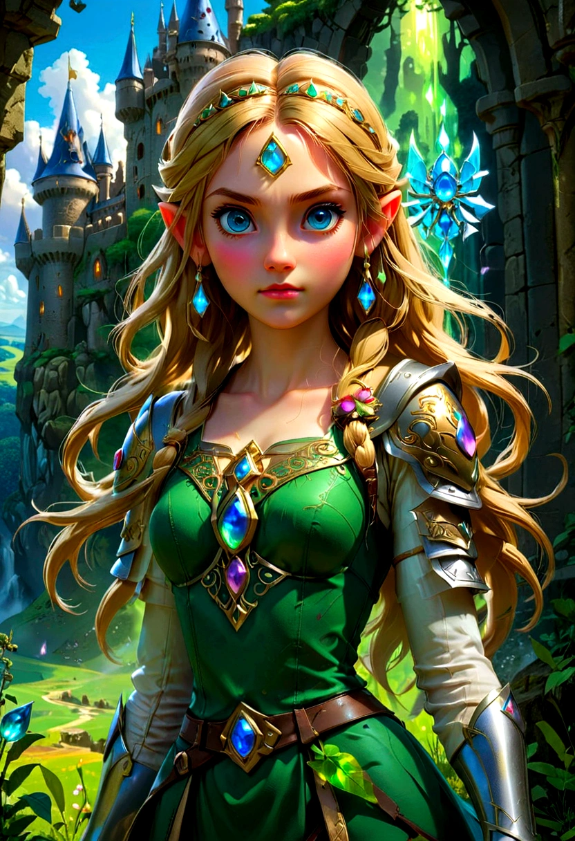 1girl, Princess Zelda, The Legend of Zelda, A highly detailed fantasy landscape,rolling hills,lush forests,medieval castle,ancient ruins,glowing magical crystals,dramatic lighting,epic adventure,beautiful detailed eyes,extremely detailed face and intricate outfit,stunning digital art,cinematic composition,vibrant colors,dramatic lighting,fantasy art,concept art,ultra-detailed,8k,professional, masterpiece, best quality, very aesthetic, absurdres