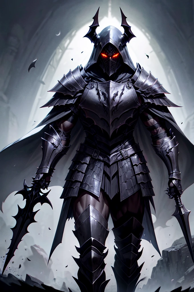 Male, demon knight, black fur cloak, hood over head, wearing pitch black plate armor that has sharp features, 4k, masterpiece, high res, wearing a helmet, death knight, muscular build, evil looking, full body view, necromancer, red glowing eyes, riding a armored black warhorse, mysterious vibe, shadow aura, holding a longsword