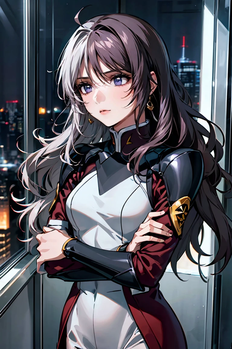 「A 20-year-old young female pilot、Height: 165cm、(Long wavy silver hair:1.8, Deep purple eyes)。With skin as white as porcelain、His calm and intelligent expression exudes kindness.。Wearing an elegantly designed futuristic blue and orange suit、Silver and purple accents。A shiny bracelet on his left wrist、She has a small earring in her right ear.。The background is a futuristic cityscape seen from a room in a high-rise building.、Outside the window, the night city spreads out。In a standing position、Hold the window frame lightly with one hand、Gazing into the distance。He exudes an air of keen intelligence and deep compassion.。」Perfect Anatomy