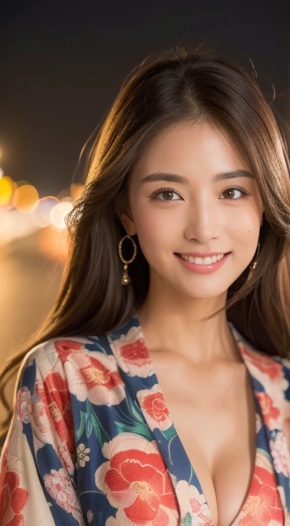 ((Highest quality、8K、Masterpiece:1.3))、shoot yourself、A beautiful woman with a perfect figure.:1.4、(long brown hair、normal breasts:1.3)、(Japanese floral yukata)、Highly detailed facial and skin textures、Detailed eyes、Double eyelids、smile:1.5、Whole Esbian、Sacrifice for、 the road、nighttime