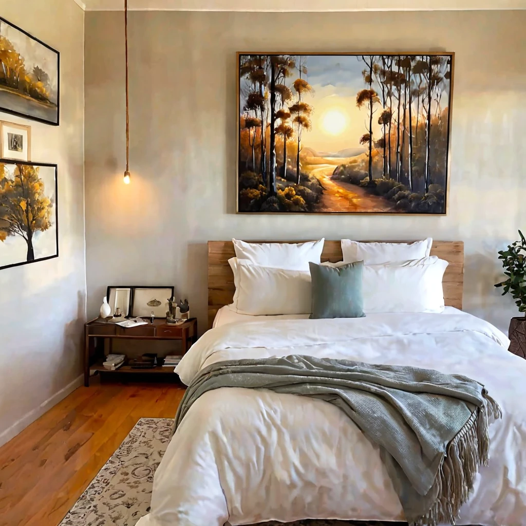 there is a bed with a white comforter and a painting on the wall,  iron bark, radiant morning light