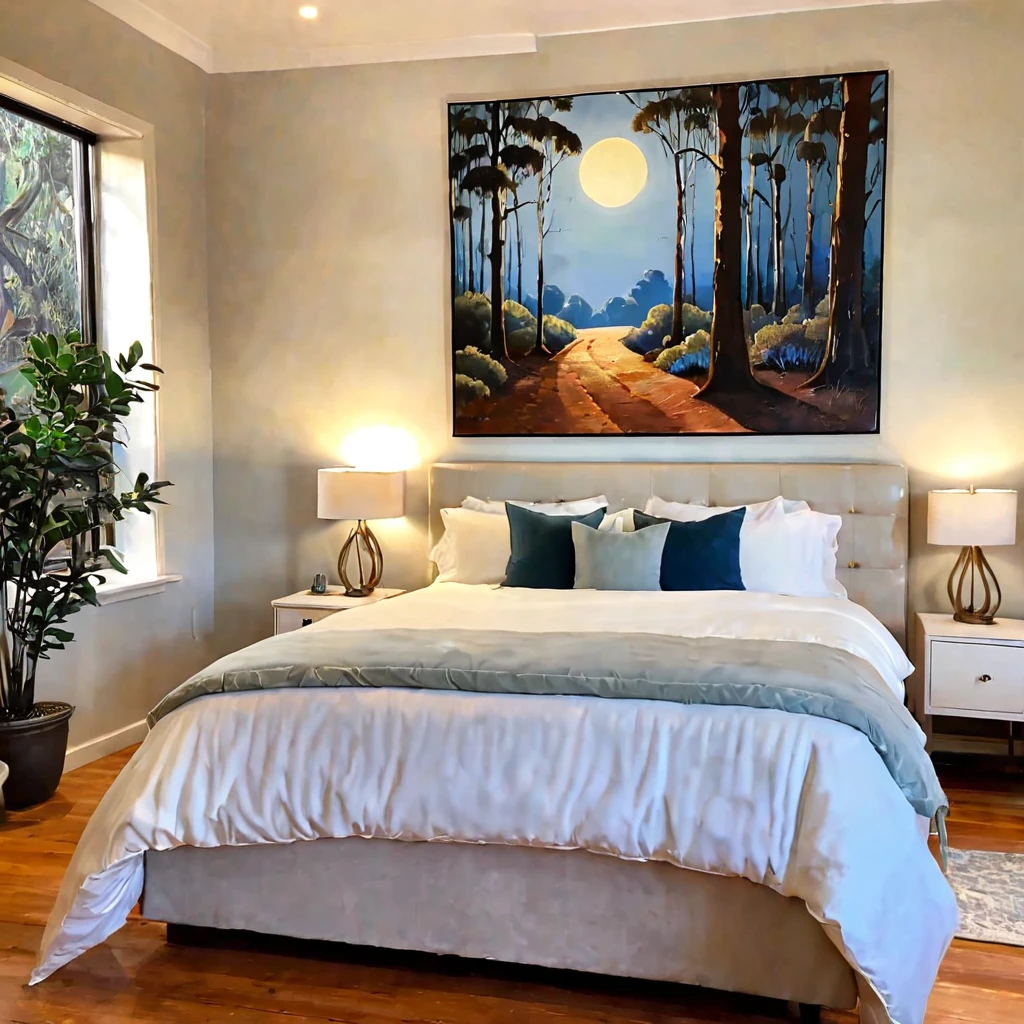 there is a bed with a white comforter and a painting on the wall, iron bark, radiant morning light