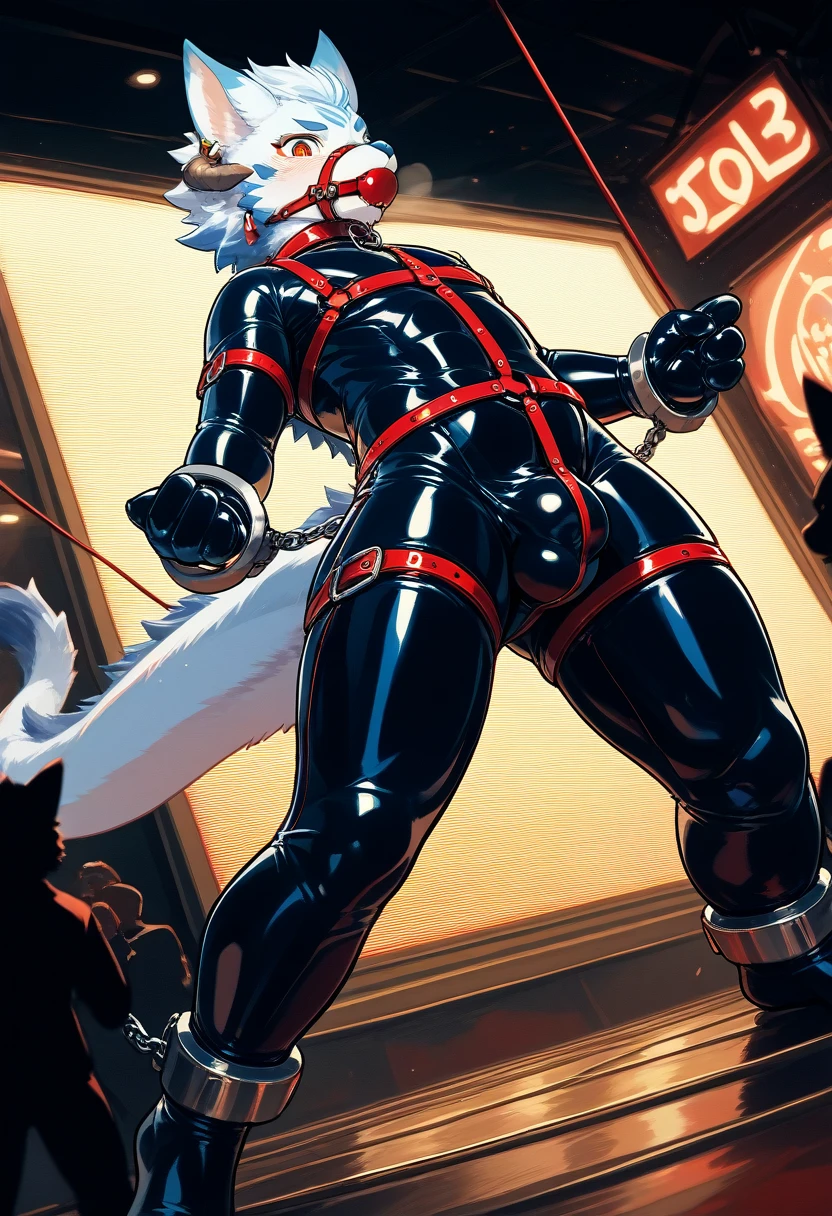Highest quality, Highest quality, High quality illustrations, masterpiece, Ultra-high resolution, Detailed Background, club, Auction Venue, Absurd, Perfect Anatomy, Performance, Good lighting, Shadows in the movie(kemono, Furry Personification), Dragon, Rubber Suit, latex, Neon color, Neon Light, Earrings, male, Handcuffs, Shackles, Red harness, gag, Being restrained, 後ろ手にBeing restrained, Bondage, null bulge, On display, Dynamic Angle