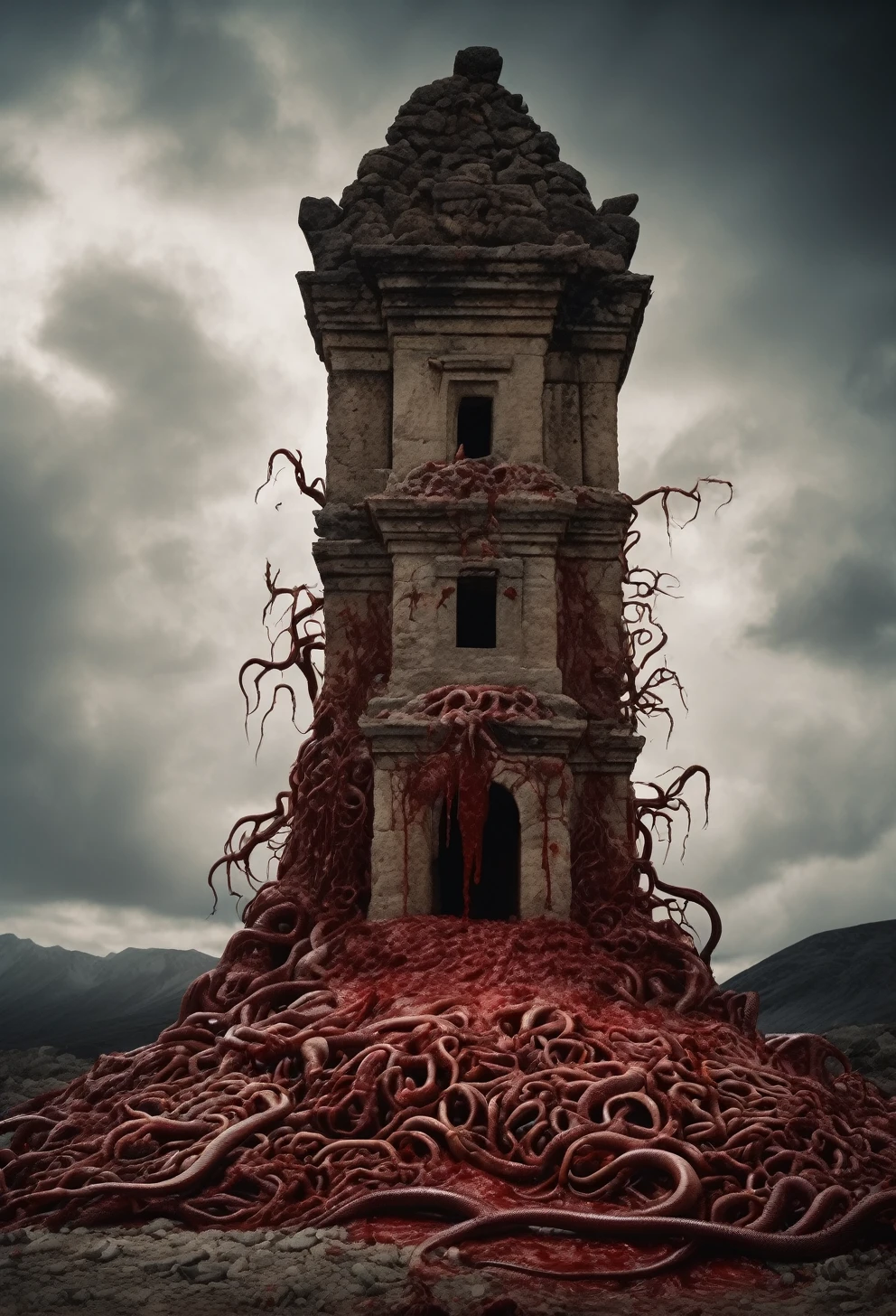 (Horrible: 0.7) Horror: RAW photo of blood pile of organic matter: slippery ground, (blood: 1.2), flesh, veins: ancient temple, stone wall, crypt, candle; multi-eyed horror AI; tentacle horror ; High-detail skin, 8k ultra-high definition, single-lens camera, movie lighting, rim light, high quality, pastel colors, Fuji XT3, film grain; The Thing, 90s horror movie stills