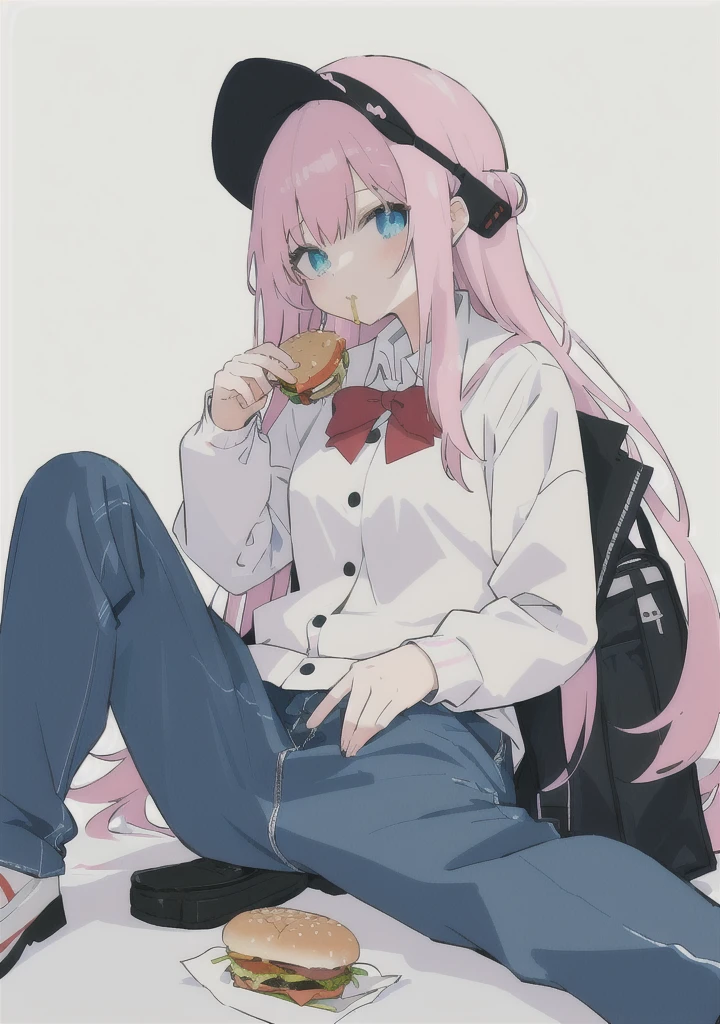 anime girl sitting on the ground eating a hamBurger and soda, eating Burgers, eating a Burger, eating a hamBurger, I'll make fan art too, devours a hamBurger, female protagonist 👀 :8, Tsk tsk, serving Burgers, OC commission, good ), She has a jiggly, fat, round belly, Burger, akane owari danganronpa, eating a cheeseBurger,(big bust:1.5), (Black eyes with a slight purple tint:1.5), (Very white and long hair with a bluish tint, weak perm:1.5), (white sleeves wrapped around arms, oversized white shirt, oversized white shirt:1.5), (bare foot, round-rimmed glasses:1.5), (Belly Fat, muffin top, plump:1.5), (smiling faintly:1.5),