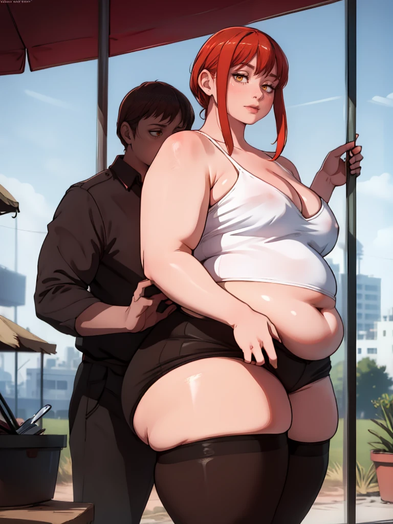 Le personnage Makima de la série animée Chainsaw Man, fragile, obésité morbide, ssbbw, pleine longueur (corps entier 1.1.), fond sombre, obscurité, anatomie correcte 1.1, anatomie correcte de la main, Très féminin, corps gras et rond, grosses Jambes, fesses, beau corps obèse, ventre rond et mou très gras, cheveux roux, Yeux oranges, Cercles rouges pour les écoliers, chemise blanche, jupe noire, cravate noire, pose sexy, réaliste, very détaillé, beau corps, détaillé body, détaillé hands, détaillé, vibrant, détaillé Face, Conception des personnages de Makima. very détaillé, détaillé body, détaillé hands, détaillé Face, Art animé, Hugh Détails, Visage très abattu, détaillé eyes, Illustration ultra fine, Meilleure ombre, détail fin, beautiful détaillé glow, beautiful détaillé, Extraordinairement beau, extremely détaillé, inexpressif, composition épique, Style animé. art animé, Style animé. Jupe noire, chemise blanche, cravatte, pose sexy. Double menton, visage très gras, grosses joues, joues potelées