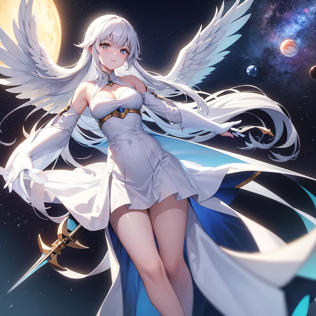 A white wolf girl holding a sword with white wings looking at a space landscape with several planets in neon colors