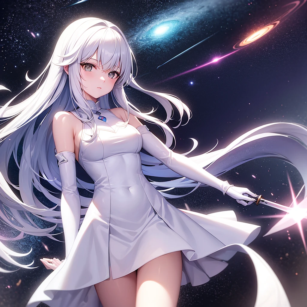 A white wolf girl holding a sword with white wings looking at a space landscape with several planets in neon colors