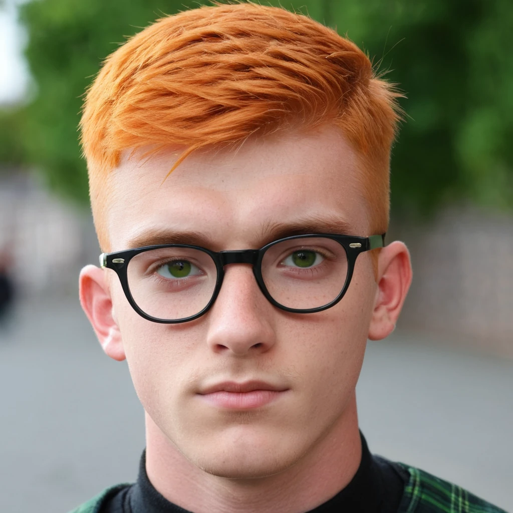 Handsome Scottish guy, orange hair, green eyes, short hair, buzzcut, undercut, 17 years old student, big eyeglasses