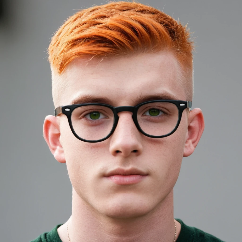 Handsome Scottish guy, orange hair, green eyes, short hair, buzzcut, undercut, 17 years old student, big eyeglasses