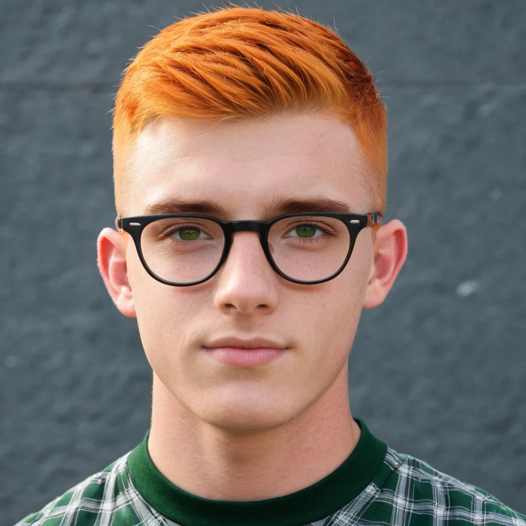 Handsome Scottish guy, orange hair, green eyes, short hair, buzzcut, undercut, 17 years old student, big eyeglasses