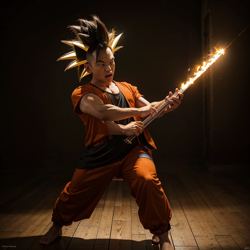 Create the Dragon Ball tapion character playing his instrument in an epic way