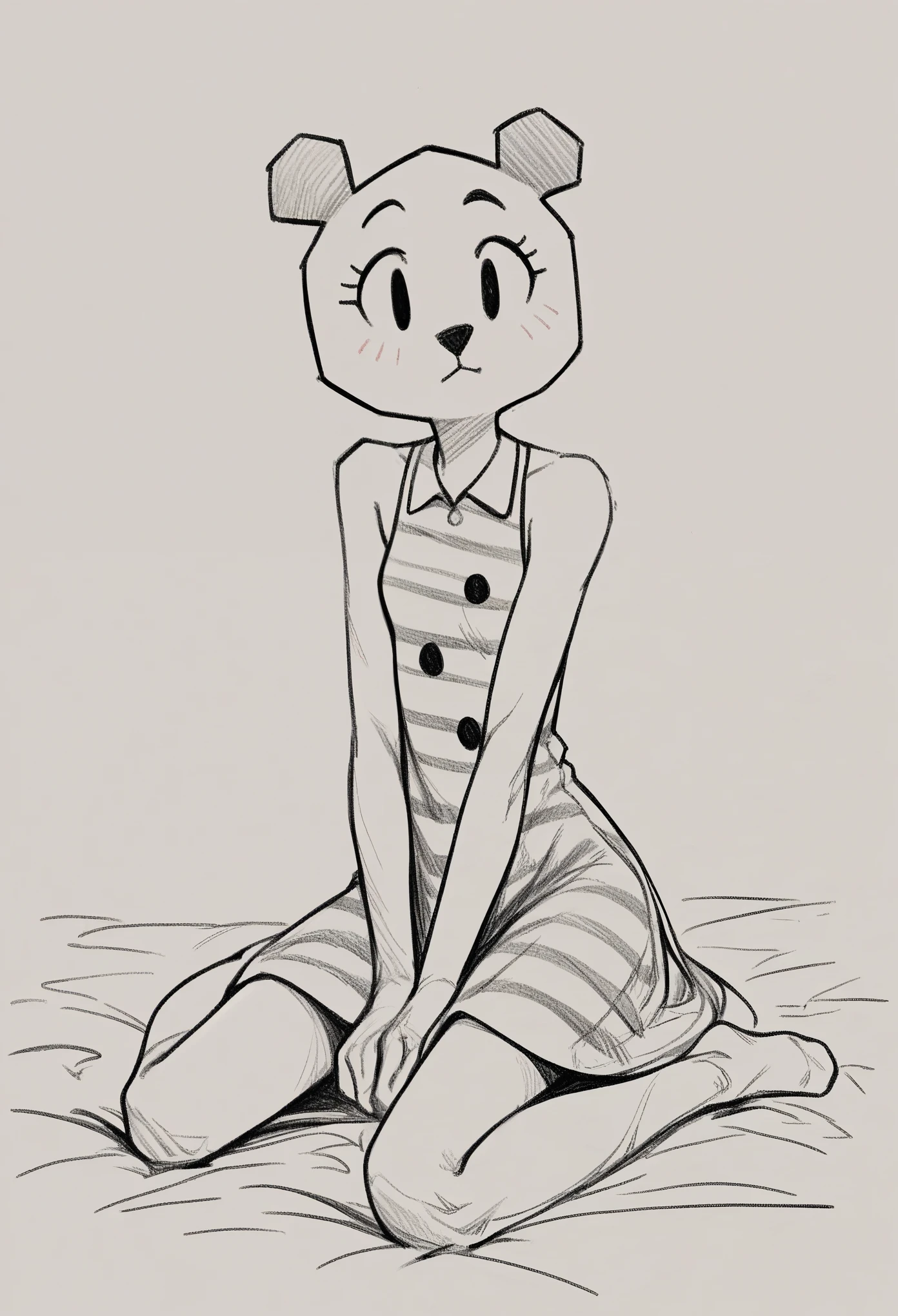 teri \(tawog\), score_9, score_8_up, score_7_up,(8k) (high res) (best quality) (masterpiece) teri, 1girl, sketch, animal ears, black eyes,  :3, furry female, sleeveless dress,  sitting, Spred legs,