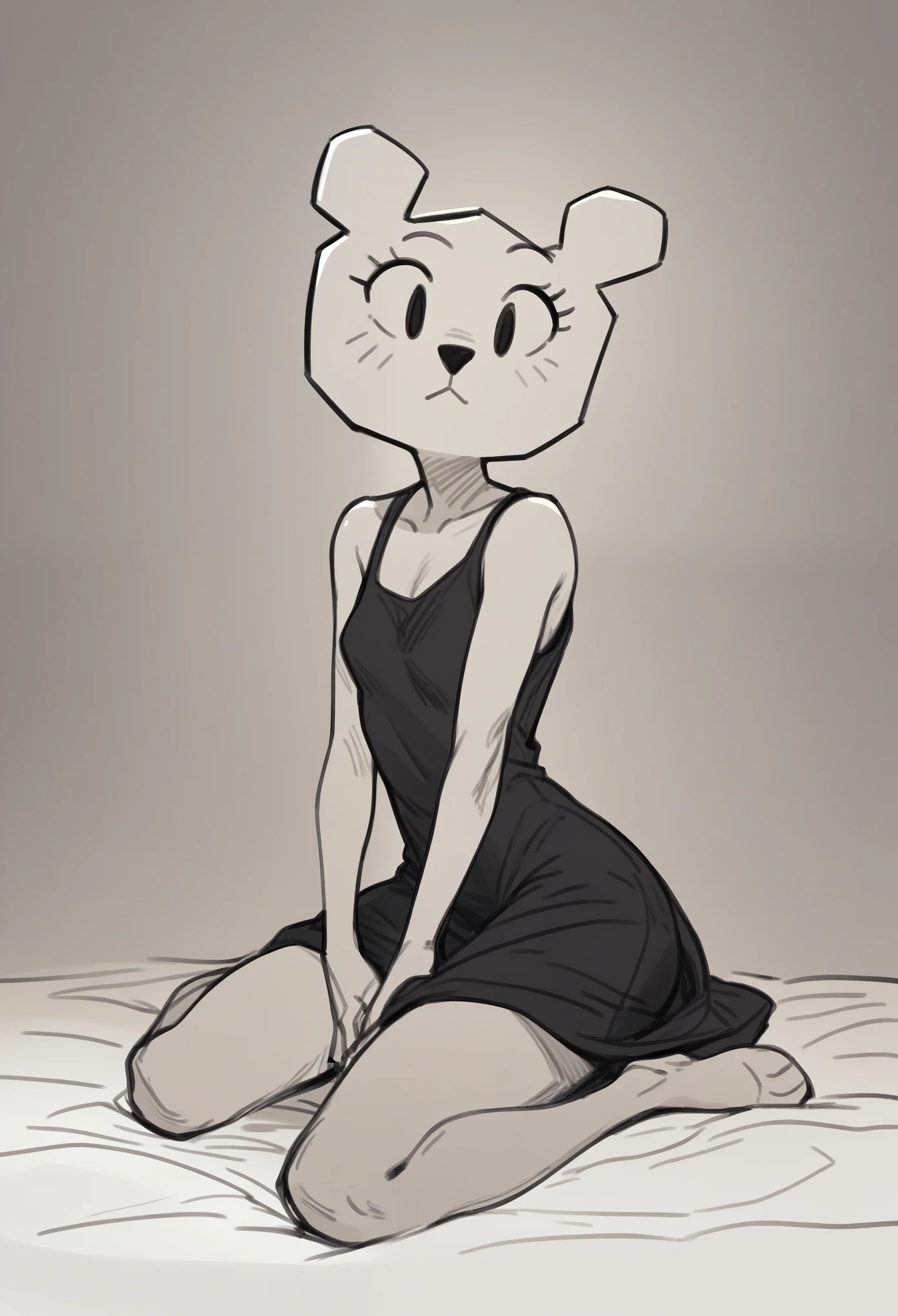 teri \(tawog\), score_9, score_8_up, score_7_up,(8k) (high res) (best quality) (masterpiece) teri, 1girl, sketch, animal ears, black eyes,  :3, furry female, sleeveless dress,  sitting, Spred legs,