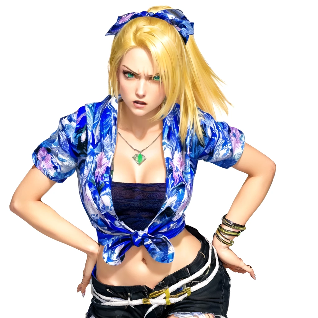 she's European, blonde hair, olive green eyes, (eyes turned to look at the camera), swedish, as a character in Out Run 2, of SEGA, 3D CG from the 2000s, Clarissa, 2k, 2 k, (( angry curious face)), realistic, render of april, fighting game character, nina from tekken, bright clean face, from devil may cry, hawaiian shirt, no bra, foulard tied on her head, hands against the hips, frowned wide open eyes