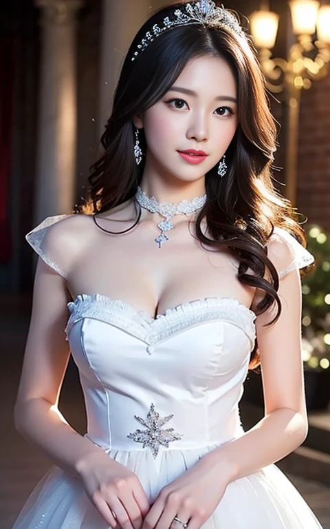 Highly detailed CG Unity 8k wallpaper..., Highest quality, มีvery detailed, Masterpiece, realistic, photorealistic, very detailed, lovely young woman, (25 years old), Blush, weather, Half shot, white wedding dress, Stand and admire the night scenery.