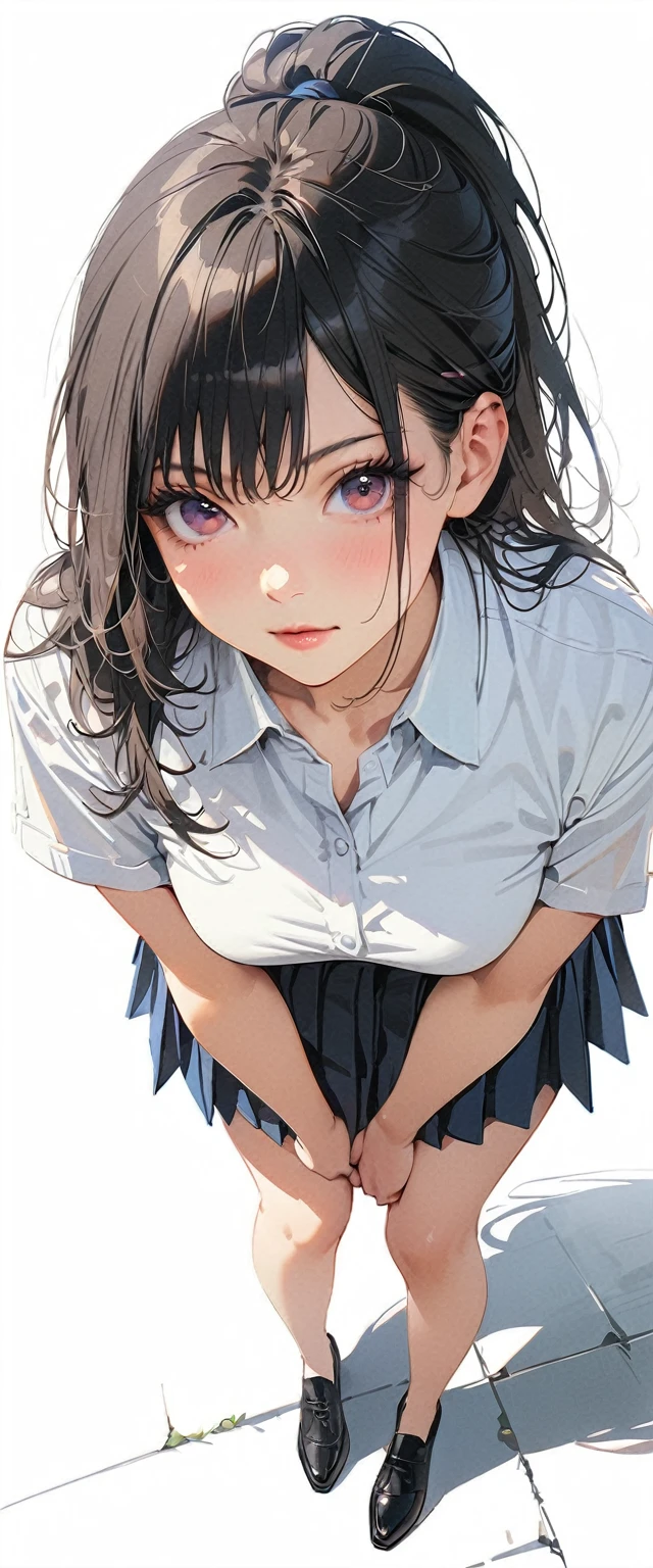 20 years old,1 mature woman,hyperrealistic, 8k, (extremely detailed 8k), (very delicate and beautiful), (masterpiece), (better quality:1.0), (ultra high resolution:1.0), (masterpiece, best quality),cute,black hair,ponytail,POV,full body,white background,realistic skin,collared shirt, pleated skirt,leaning forward