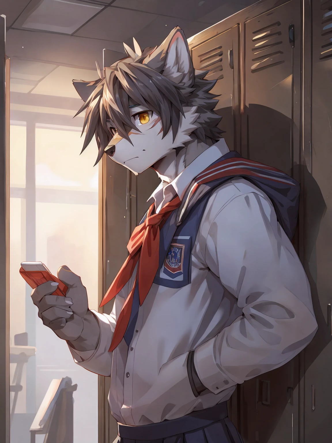 embedding:Gray wolf,Golden Eyes,Single Person,a scar on the face.Gray fur,High school students,male school uniform,Scratch head,Standing by the school locker,Nervous,Male.Thin,Handsome,Smart,Nervous,Best quality hands, best quality eye,detailed fur,Delicate eyes.Extreme picture quality,by sollyz,by zixiong,by null_ghost