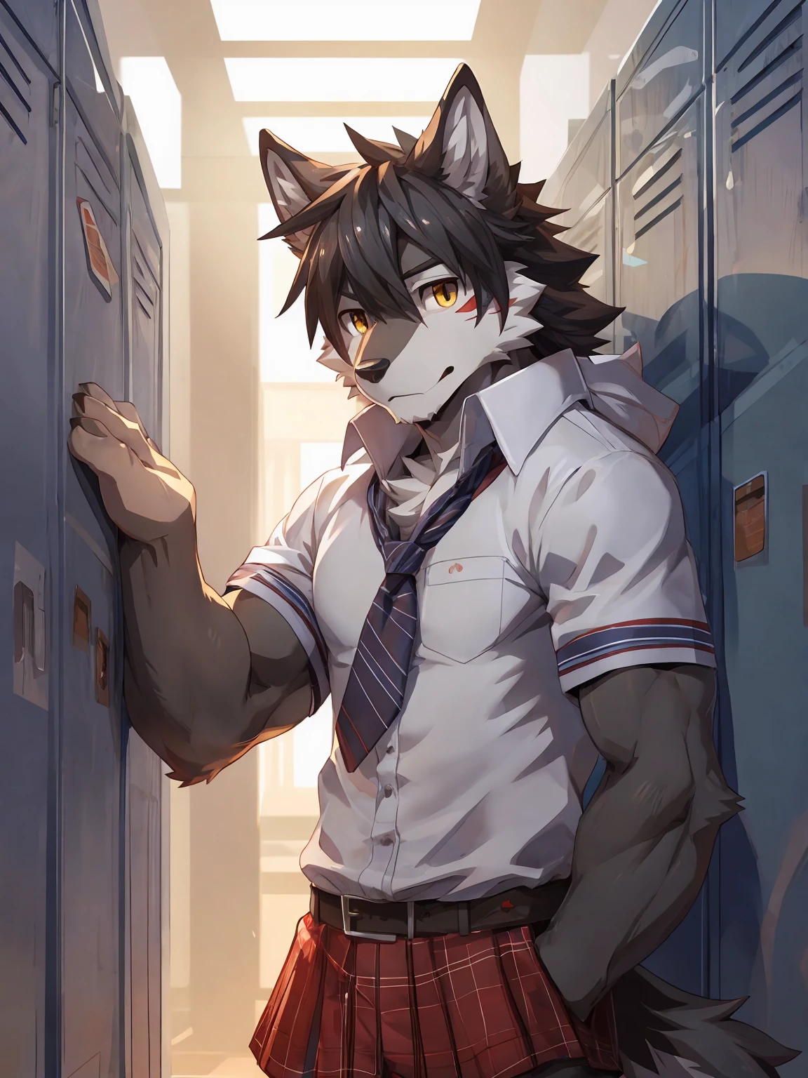 embedding:Gray wolf,Golden Eyes,Single Person,a scar on the face.Gray fur,High school students,male school uniform,Scratch head,Standing by the school locker,Nervous,Male.Thin,Handsome,Smart,Nervous,Best quality hands, best quality eye,detailed fur,Delicate eyes.Extreme picture quality,by sollyz,by zixiong,by null_ghost