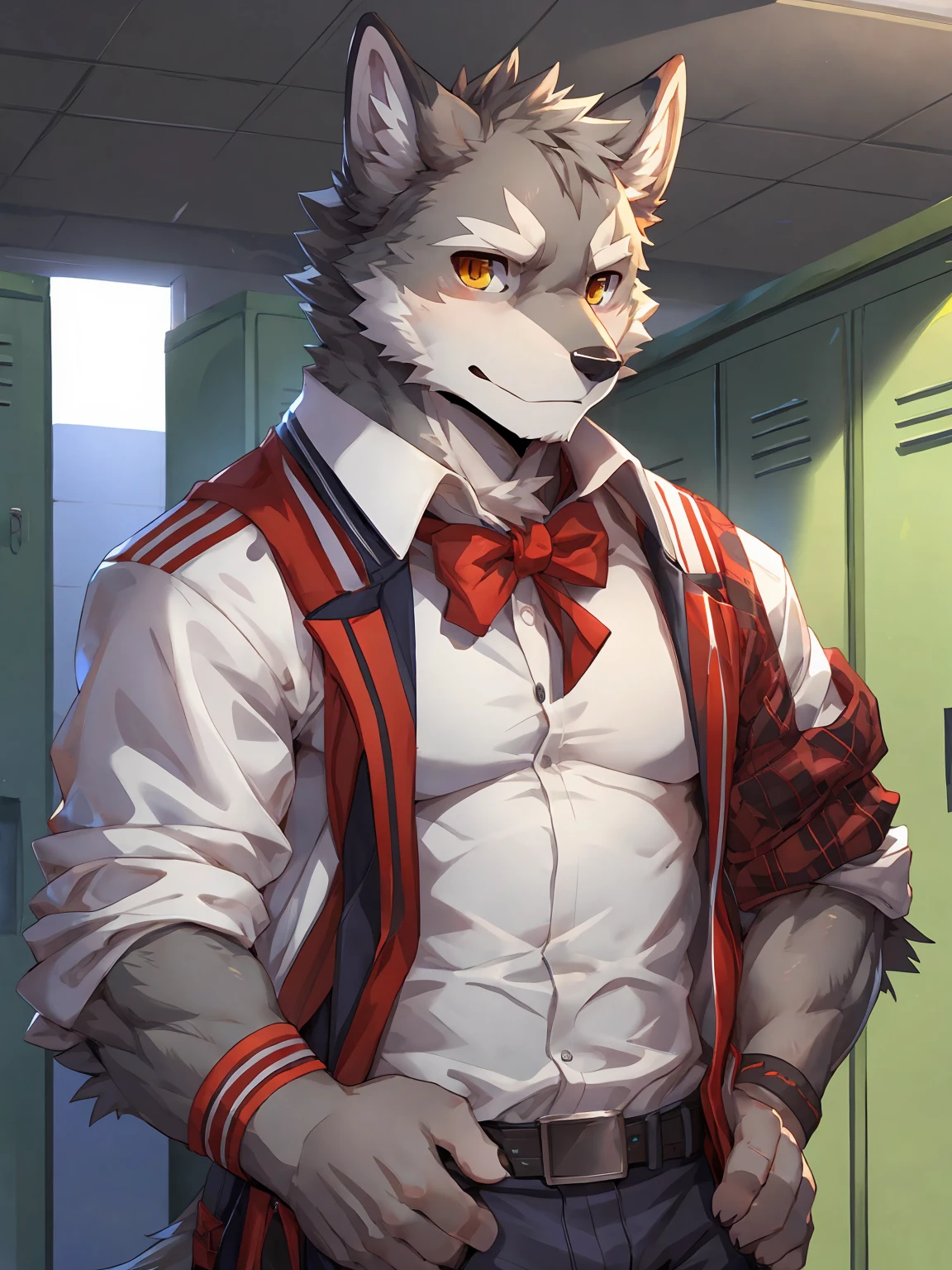 embedding:Gray wolf,Golden Eyes,Single Person,a scar on the face.Gray fur,High school students,male school uniform,Scratch head,Standing by the school locker,Nervous,Male.Thin,Handsome,Smart,Nervous,Best quality hands, best quality eye,detailed fur,Delicate eyes.Extreme picture quality,by sollyz,by zixiong,by null_ghost