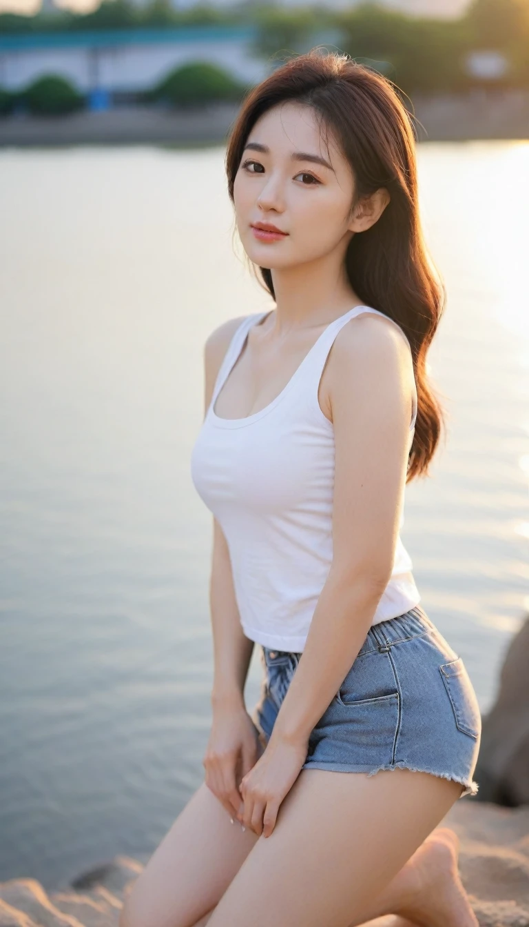 Close-up photo of a beautiful Korean woman, Bust size 34 inches, Wear a tank top, shorts, Kneel down by the river, sunset light, bokeh background, UHD