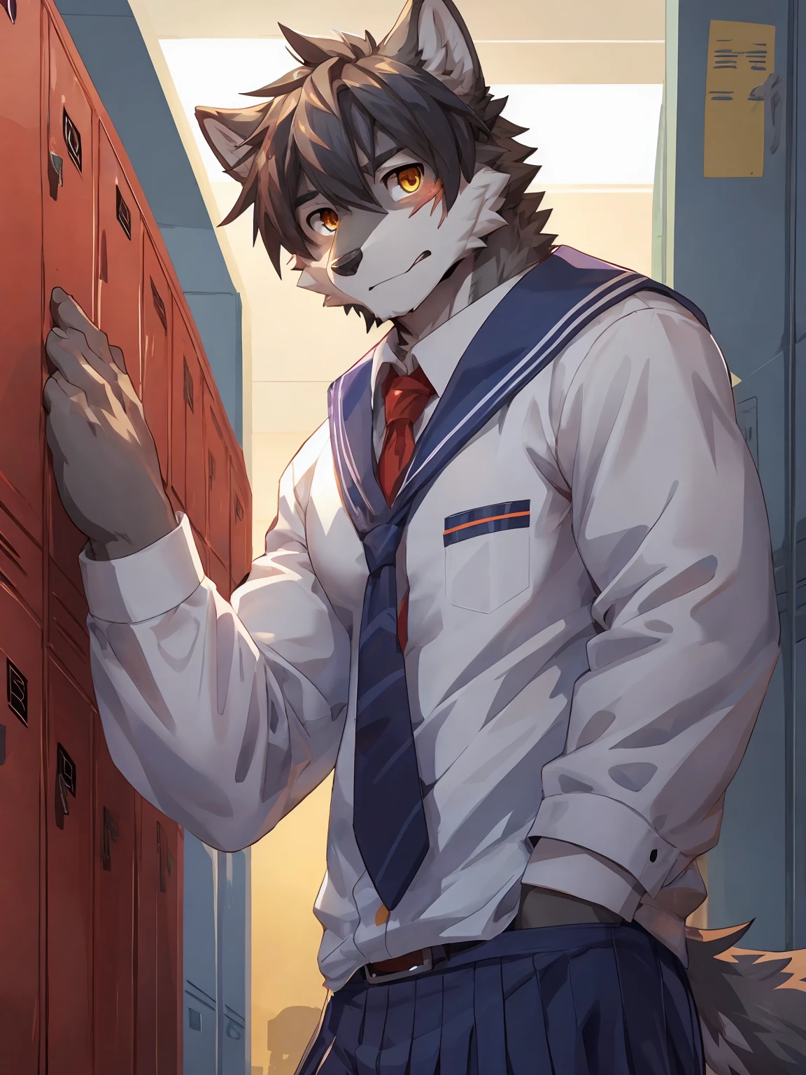 embedding:Gray wolf,Golden Eyes,Single Person,a scar on the face.Gray fur,High school students,male school uniform,Scratch head,Standing by the school locker,Nervous,Male.Thin,Handsome,Smart,Nervous,Best quality hands, best quality eye,detailed fur,Delicate eyes.Extreme picture quality,by sollyz,by zixiong,by null_ghost