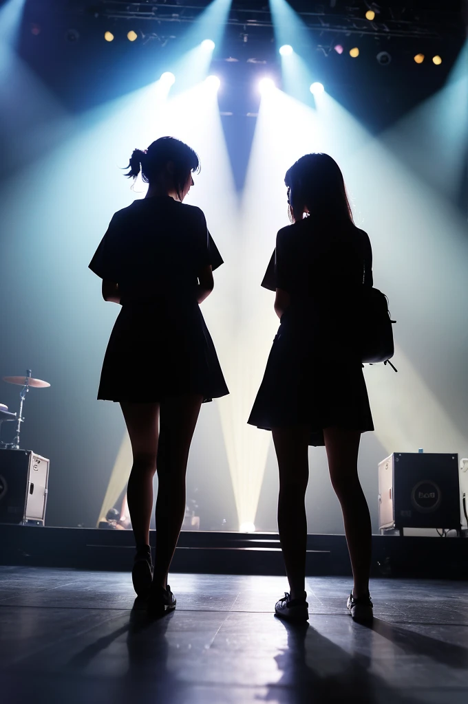 Silhouette image of two girls from behind under the spotlight on stage at Nippon Budokan