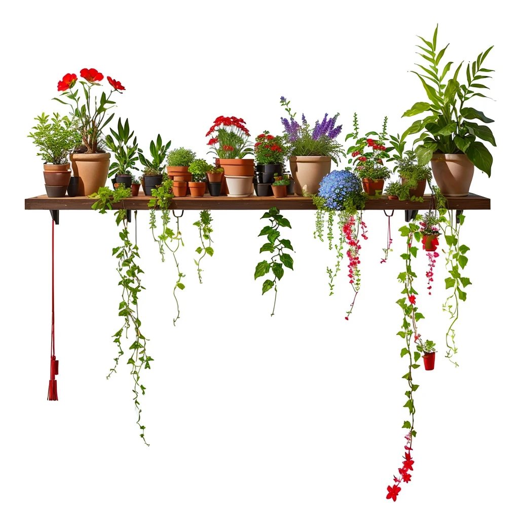 there are many Potted plants on a shelf with a red string, with colorful Flowers and plants, Flowers and plants, Plants and flowers, vine and Plants and flowers, Potted plants, 栽有植物的flowerpot, flowerpot, Herbs and Flowers, lots of Plants and flowers, flowerpot和墙壁上的植物, lush Plants and flowers, Potted plants植物, some plants, Hanging plants
