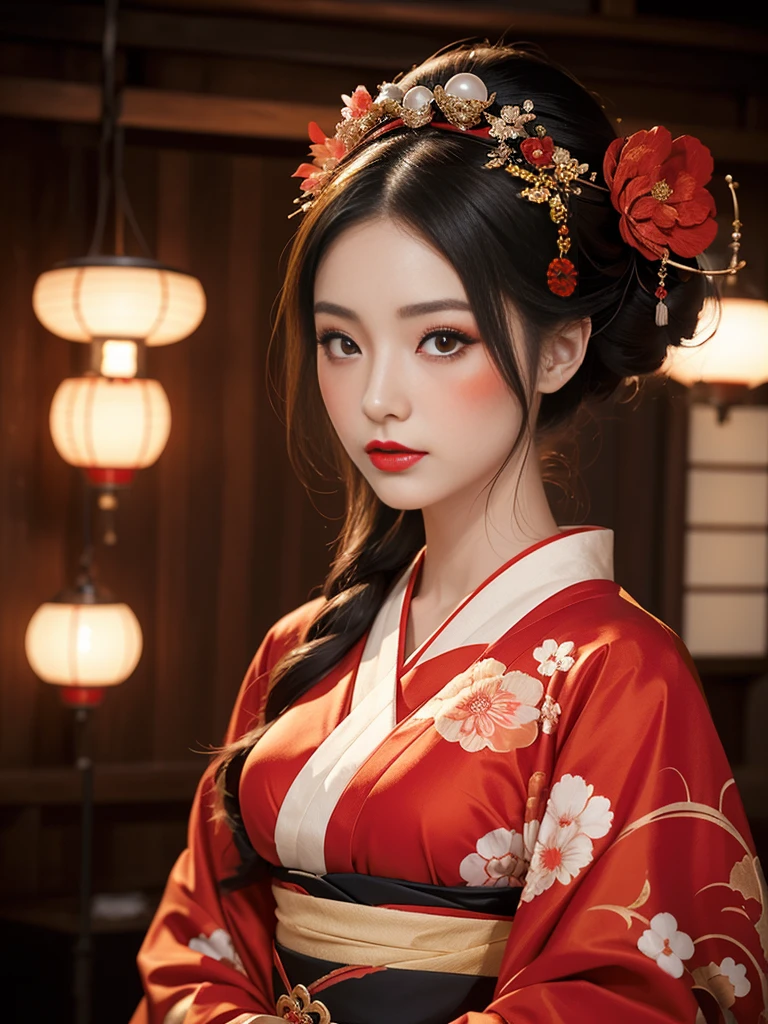 Red kimono、hairpin,Geisha Makeup, Geisha hairstyle, Japanese Geisha, Photographic portrait of a geisha, Geisha make-up, Beautiful geisha, Traditional Japanese, Japanese skilled geisha, Japanese women, remarkable Geisha make-up, Traditional geisha costume, Portrait of a Geisha, Portrait of a Geisha