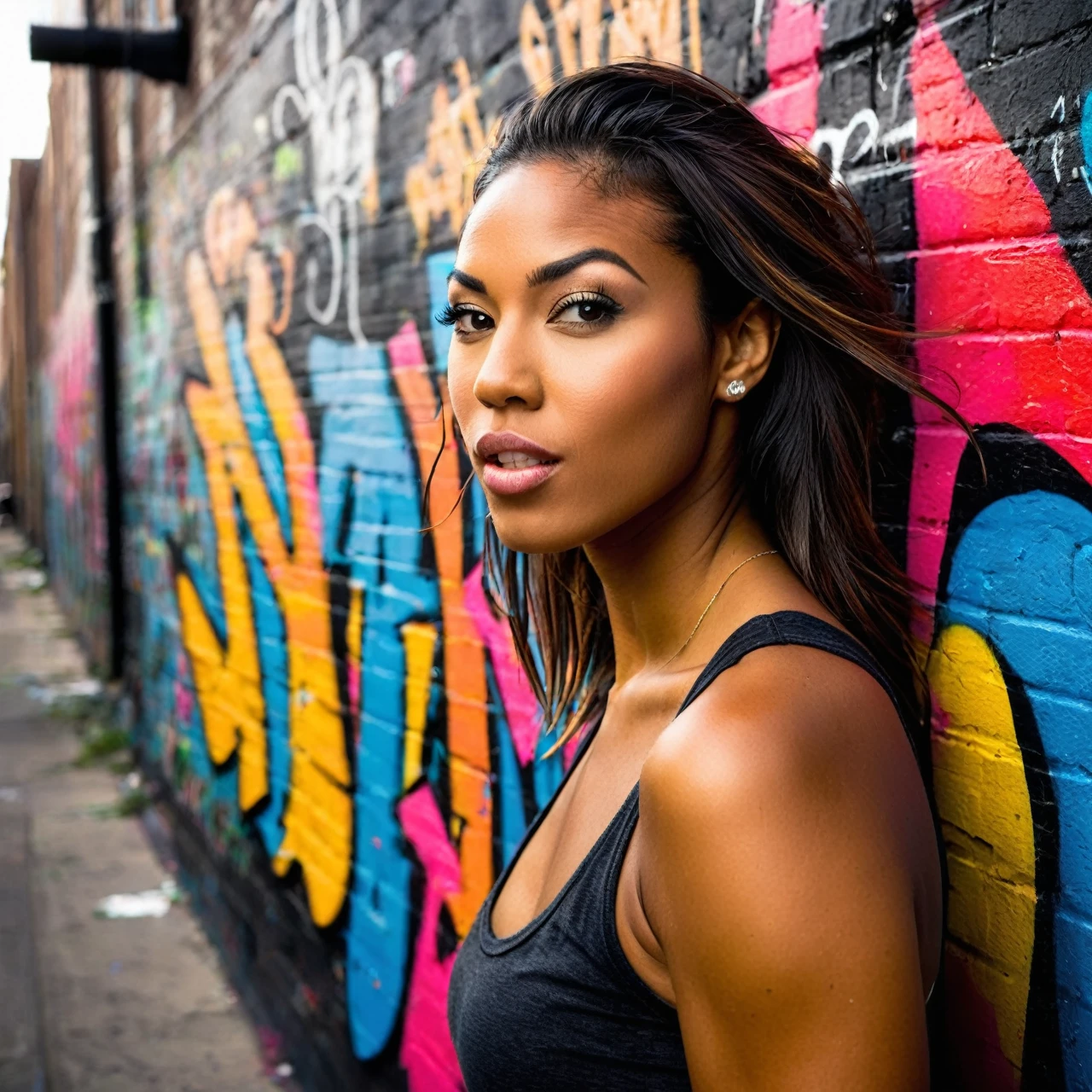 Prompt: Envision capturing a close-up shot of a vibrant, bold stunningly beautiful woman against the backdrop of graffiti-filled urban walls. This scene should reflect the raw energy and expressive nature of urban street art. Graffiti is all about making a statement - it's loud, colorful, and unapologetically honest. Your subject, the woman, should embody this spirit – her style, stance, and expressions revealing insights into her character. Use natural or urban lighting to bring out the vivid colors of the graffiti, casting dramatic shadows that highlight the texture and depth of the artwork behind her. Embrace the wide view of the graffiti-covered cityscape as an intriguing backdrop subtly suggesting her connection to street culture. But remember to keep her as your main focus. When framing your shot, ensure you leave ample space around her. This not only adheres to photographic rules of composition but also emphasizes her dominance within this vast canvas. Avoid cluttering your shot with too many elements, maintaining graffiti's raw and minimalist approach. Instead aim to capture an atmospheric portrait that weaves a story about the woman, her personality and her relationship with the urban environment surrounding her. Consider using equipment like Canon EOS 5D Mark IV & EF 24-70mm f/2.8L II USM for detailed capture and wide-angle possibilities. Remember, your goal goes beyond just snapping a photo - it's about crafting a narrative that reflects graffiti’s boldness and expressiveness.