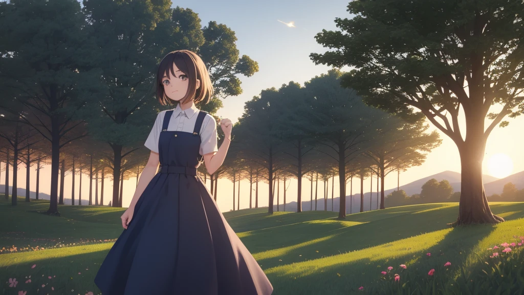 An anime girl standing confidently in the morning light, holding a guitar and ready to face the day. She is wearing her favorite shirt, looking vibrant and alive. The background shows a peaceful countryside with rolling hills, blooming flowers, and a clear blue sky. The morning sun casts a warm glow over the scene, symbolizing new beginnings and endless possibilities. The girl's expression is one of determination and joy, with a pocket full of dreams and a heart that's true. As the scene transitions to night, the countryside is illuminated by the gentle glow of fireflies and the soft light of the moon. The girl is strumming chords and singing out her soul, surrounded by the serene beauty of nature. The atmosphere is filled with a sense of freedom and courage, with vibrant colors and dynamic lighting highlighting her journey. The overall mood is one of resilience, passion, and the unstoppable pursuit of dreams in a tranquil rural setting.