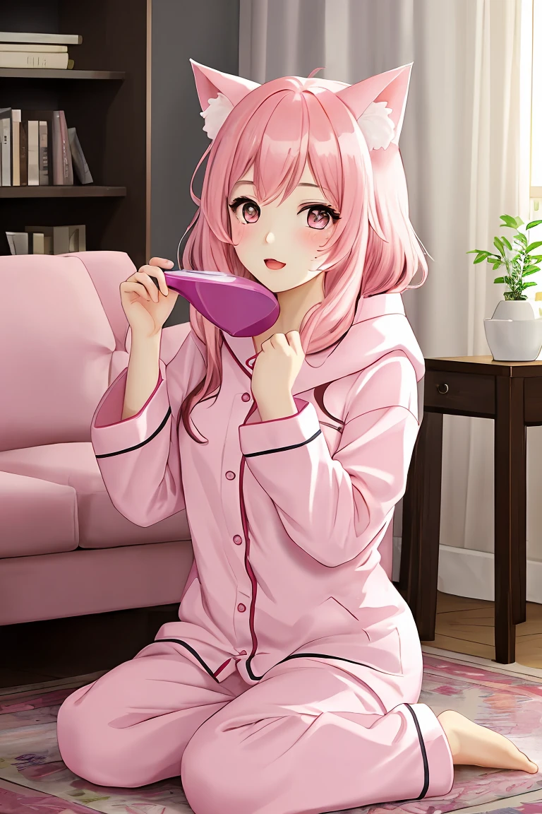 score_9,score_8_up,score_7_up,masterpiece, top quality, best quality, official art, beautiful and aesthetic, animation, , 1girl with cat ear, perfect figure, pink hair, complicated details, living room, 1girl with cat ear and pink hair sitting on the carpet, wearing wide hooded pajamas, long pink hair gently brushed her face ,