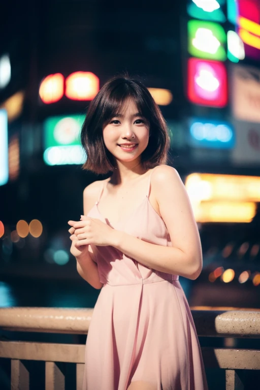 (Cinematic aesthetics:1.4) Bokeh city night photo of a beautiful Japanese fashion model, dress, smile