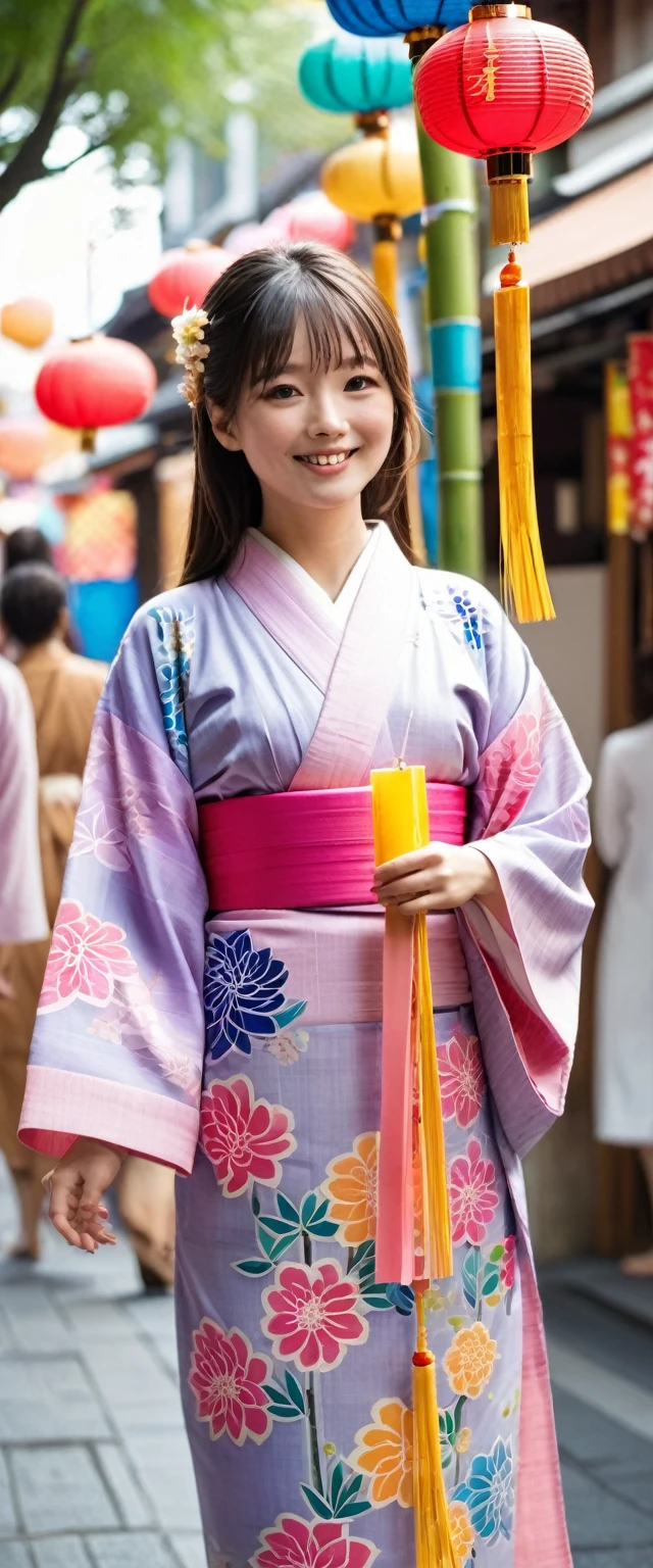 ((a girl in a yukata)),(Tanabata festival, Every bamboo is decorated with many colorful lanterns with streamers), ((A large number of colorful rectangular strips of paper are hanging from the bamboo branches)), ((in decorated covered shopping street, crowd)),