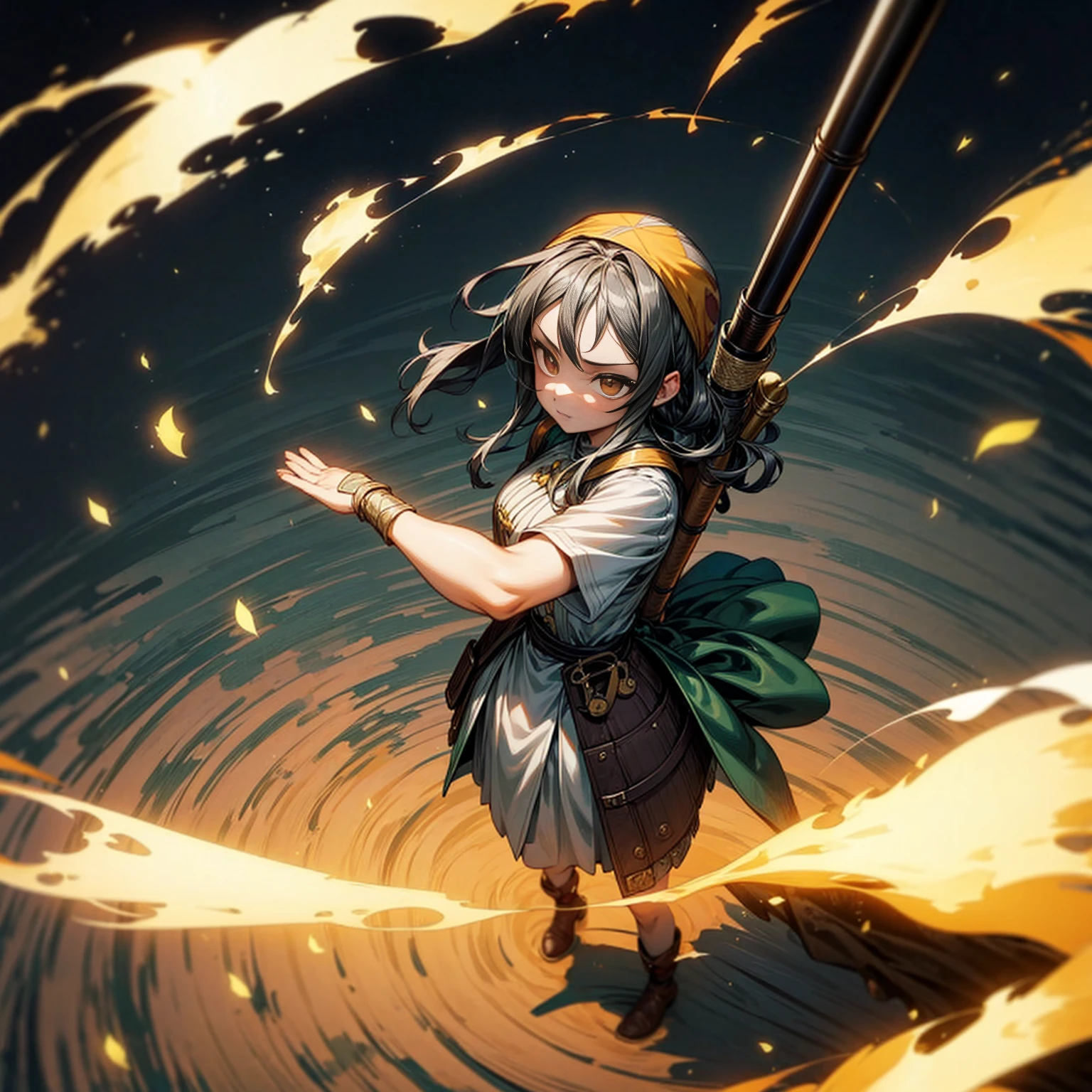 1girl, Full body version, 1character, adult version, gold eyes color, long haircut, (black color hair), bandana, medieval style clothing, bazooka in hand, Grassroots, full background in field forest, motion blur, smoke effect, lighting bazooka, fire, Fire lighting, (Hunter x Hunter style), standing gesture, plasma effect, aura effect, high angle view 