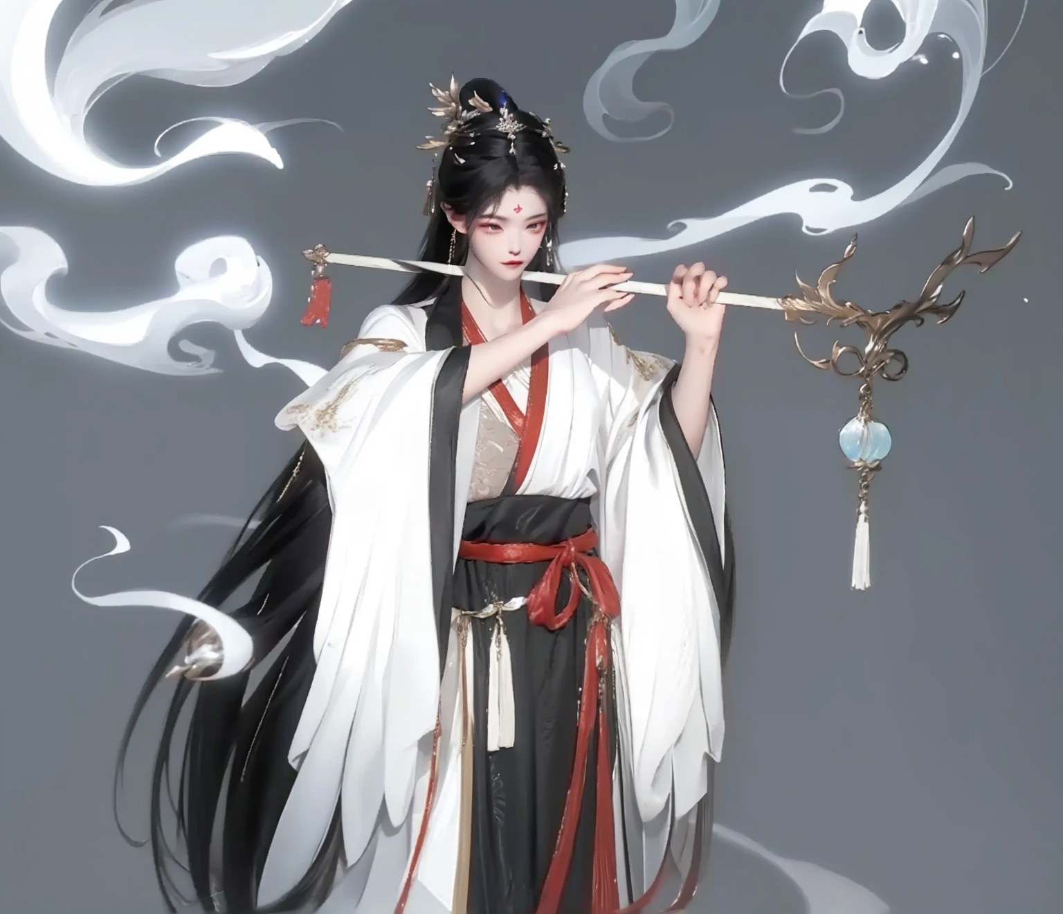 ((best quality, 8K, masterpiece:1.3)), Flowing sleeves，Big watery eyes and long eyelashes，Beautiful face and smooth fair skin，Delicate face，Black long hair，Chinese handsome guy，Wearing Chinese clothing，Flowing tulle，Light tones，Light tones，（Clean background），Ink painting style，Clean colors，Decisive cuts，space，unarmed，masterpiece， Ultra-delicate，Epic Works，high quality，best quality，4K， Render the glow，Bright contrasting colors