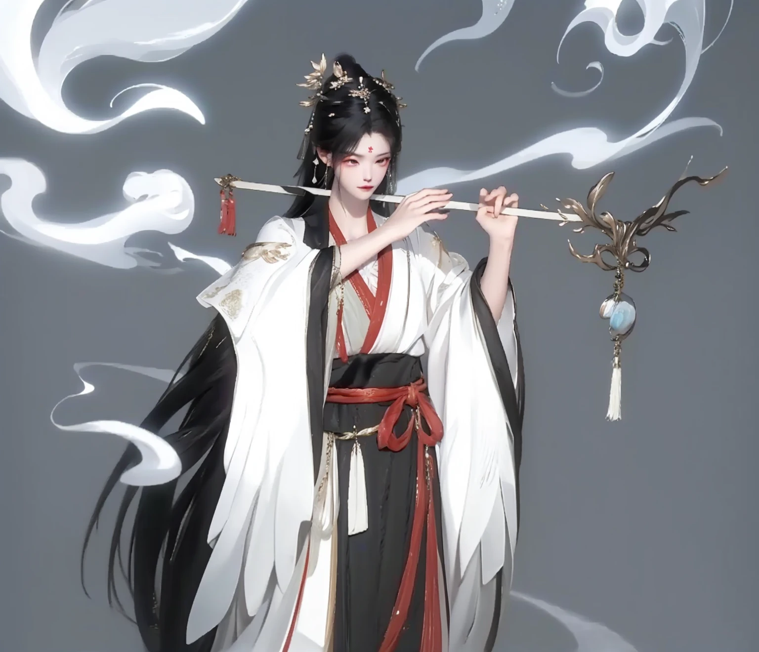 ((best quality, 8K, masterpiece:1.3)), Flowing sleeves,Big watery eyes and long eyelashes,Beautiful face and smooth fair skin,Delicate face,Black long hair,Chinese handsome guy,Wearing Chinese clothing,Flowing tulle,Light tones,Light tones,(Clean background),Ink painting style,Clean colors,Decisive cuts,space,unarmed,masterpiece, Ultra-delicate,Epic Works,high quality,best quality,4K, Render the glow,Bright contrasting colors