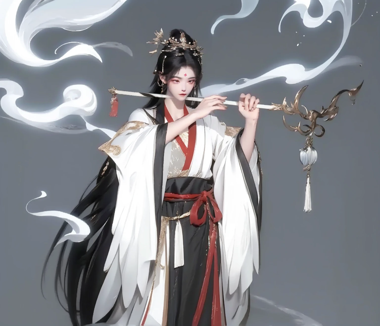 ((best quality, 8K, masterpiece:1.3)), Flowing sleeves,Big watery eyes and long eyelashes,Beautiful face and smooth fair skin,Delicate face,Black long hair,Chinese handsome guy,Wearing Chinese clothing,Flowing tulle,Light tones,Light tones,(Clean background),Ink painting style,Clean colors,Decisive cuts,space,unarmed,masterpiece, Ultra-delicate,Epic Works,high quality,best quality,4K, Render the glow,Bright contrasting colors