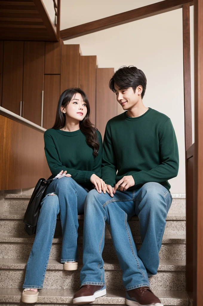 {{Man and woman couple}}、Stairs in the house、Sitting on the stairs、A girl wearing a dark green summer sweater and jeans、A man&#39;s gentle gaze、man 、Place your hands around your waist