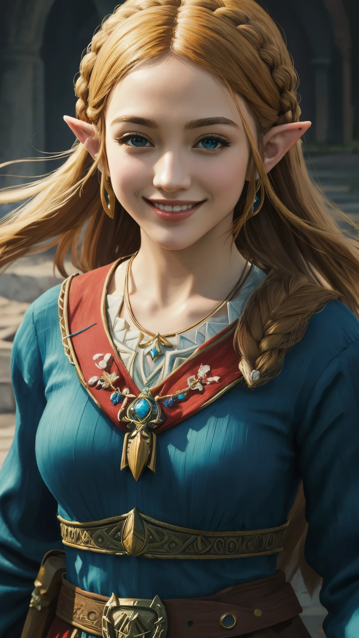 (masterpiece, best quality, detailed:1.3) beautiful zelda, aqua_eyes,  dynamic pose, ample headroom, oil painting, ambience, half portrait, Duchenne smile