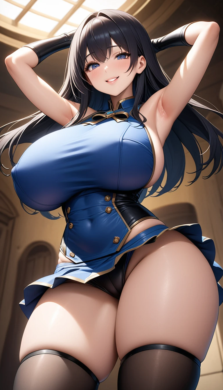 (Highest quality、Masterpiece、Very detailed、8K)、One Woman、(((Super big breasts)))、((Beautiful armpits))、(smile)、18-year-old、Ultra mini skirt、、Well-formed face、Beautiful face