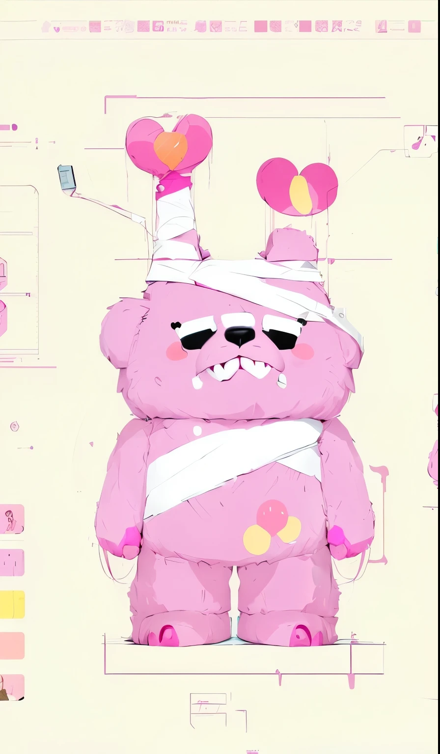 cartoon of a pink bear with bandages and bandages on his head, candypunk character design, pink iconic character, character design for animation, bubblegum body, monster character design, animated character design, stop motion character, character design humanoid, mr. nimbus character design, animation character, sticky tar. concept art, character design, full character body
