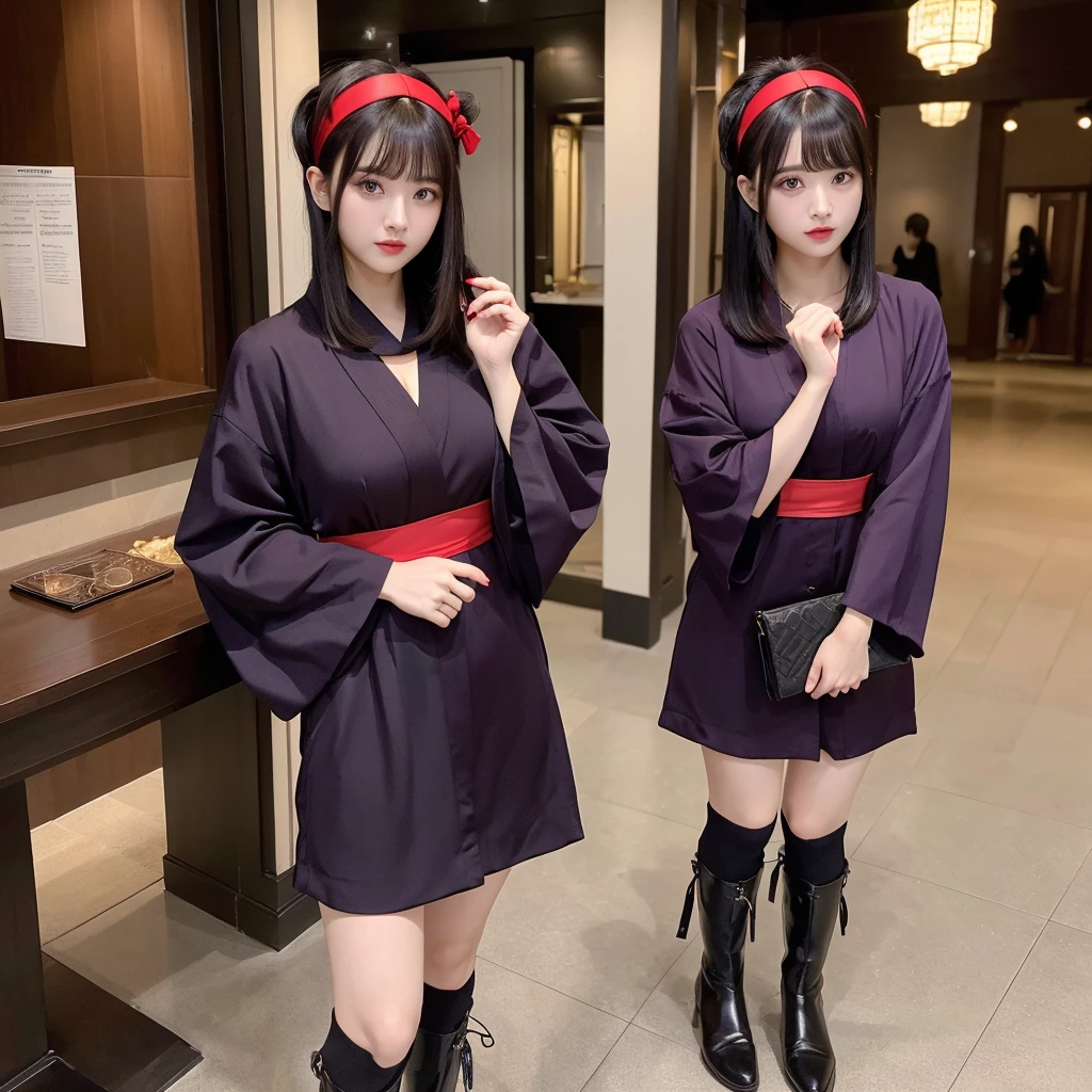 Urzan-6500-v1.1, (RAW Photos:1.2), (Photorealistic), (Genuine:1.4), (Pieces fly), Elegant woman with a perfect figure: 1.3, Jet Black Hair、((Straight bob hair with neatly trimmed ends、bangs、Red Hairband))、(She is wearing a deep purple furisode with an elegant pattern..)、Standing with the fan closed、Majestic Hall々, (A look full of murderous intent:1.2)、 Highly detailed face and skin, Beautiful Eyes, double eyelid, Full Body Shot:1.2、Wearing short boots、(1 person:1.4)、Cleavage、