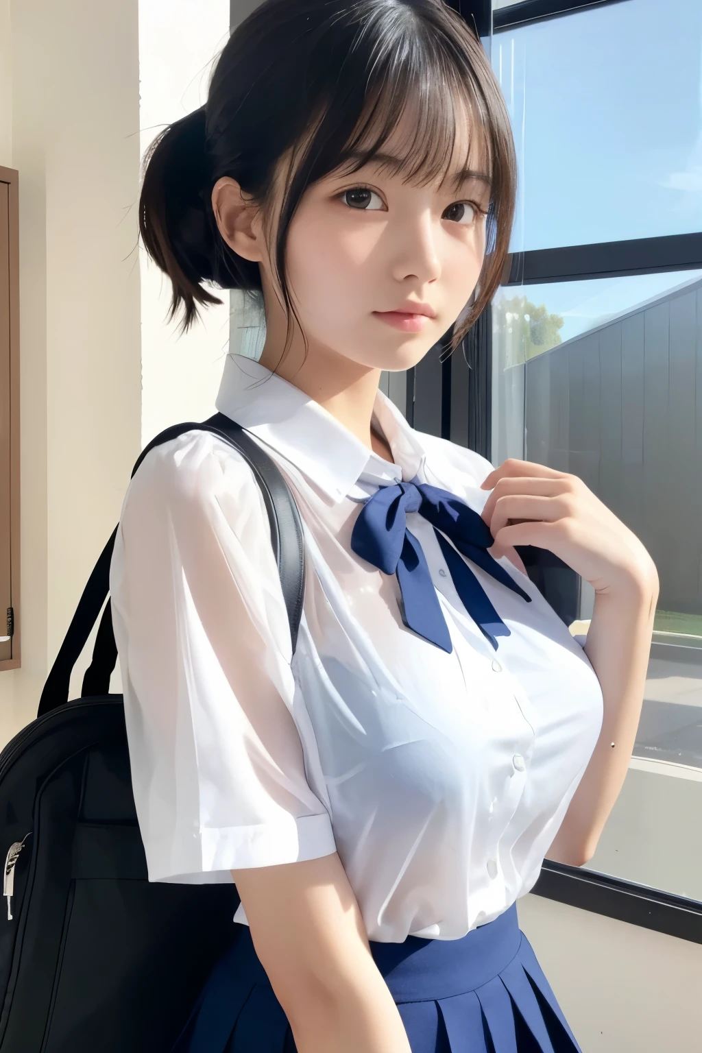 ((Browsing Caution))(masterpiece)(Highest quality)(Very detailed)1 female,,Japanese,155cm,high school student,beautiful transparent woman black髪,short hair,bag,Short Ponytail,, Short sleeve shirt,blouse,(See-through shirt:1.5),The second button is also missing (See-through camisole),black Short skirt (Small breasts) School,classroom,window,sunlight,blue sky whole body 3d